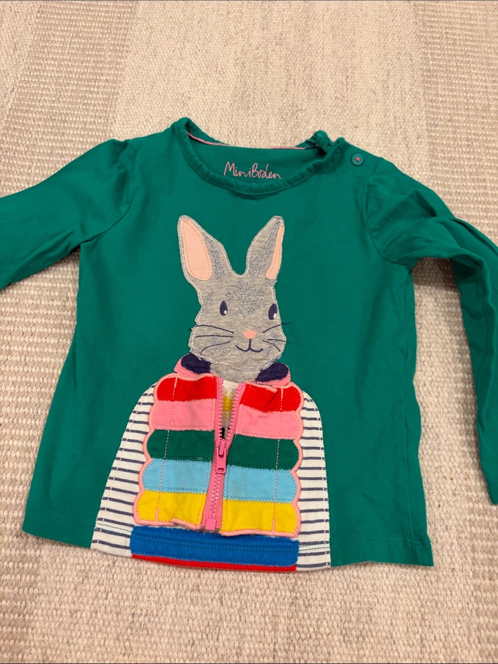 Mini Boden Teal Long Sleeve Top with Bunny and Colorful Puffer Appliqué